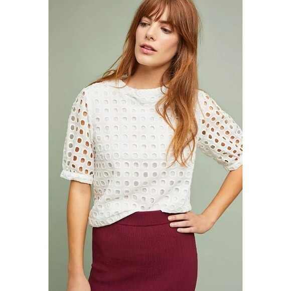 NEW ANTHROPOLOGIE WHITE EUDORA EYELET TOP BY WOLVEN SZ 8 - Picture 6 of 10